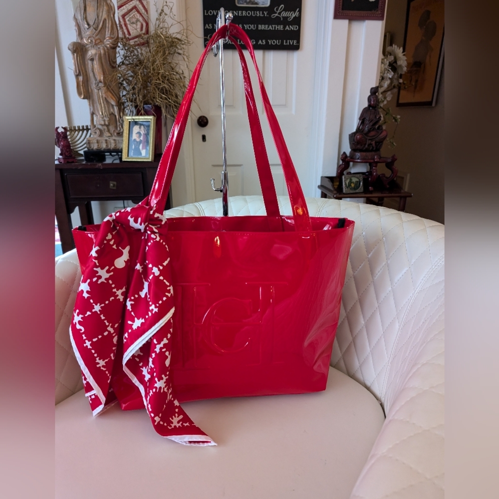 Carolina Herrera Red Patent Tote with Scarf